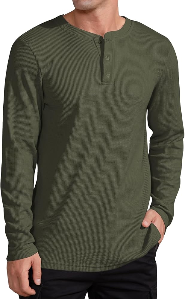 QUALFORT Men's Waffle Long Sleeve Shirt Henley Shirt for Men