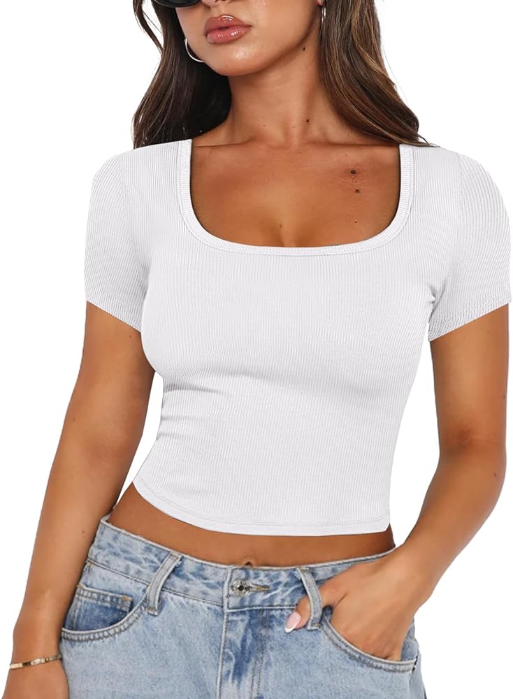 ANRABESS Womens Crop Tops Summer Slim Fit Short Sleeve Square Neck Teen Girls Preppy Tight Low Cute T Shirts 2024