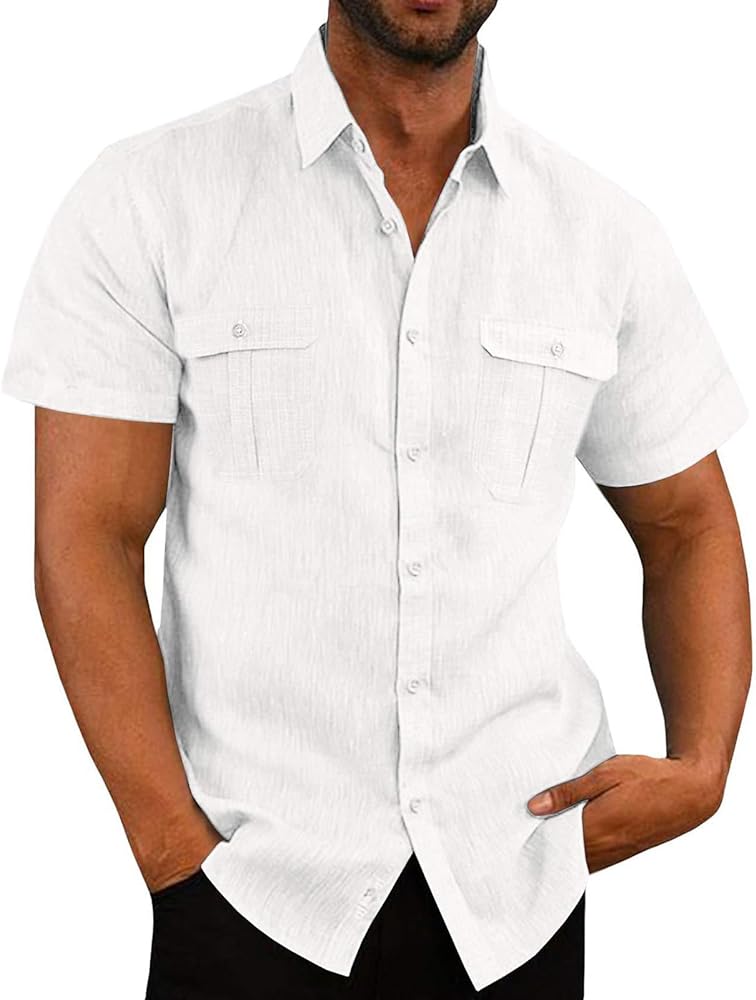 Men Short Sleeve Lightweight Shirts Simple Solid Color Shirt Collared Casual Stylish Button Up Tees