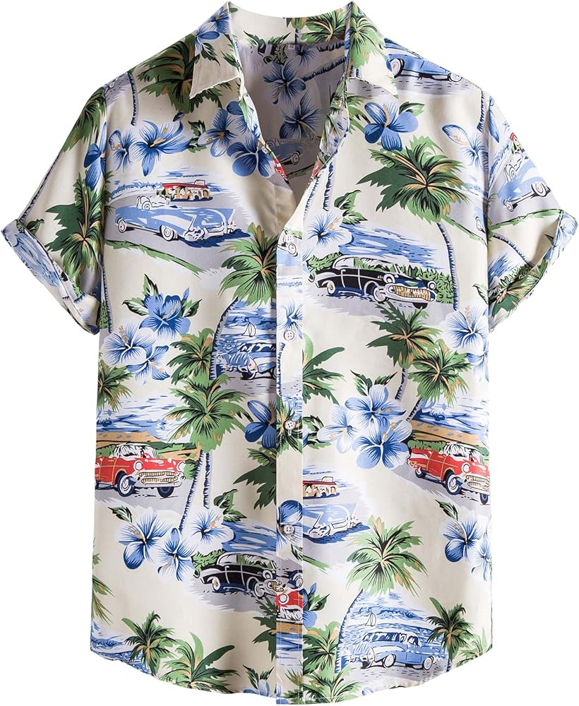 Floerns Men's Casual Tropical Print Button Down Short Sleeve Hawaiian Shirt