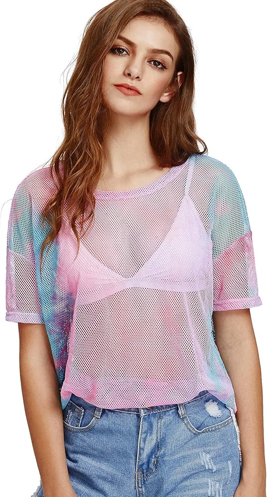 MakeMeChic Women's Summer Short Sleeve Tops See Through Mesh Sheer Sexy T Shirt Blouse