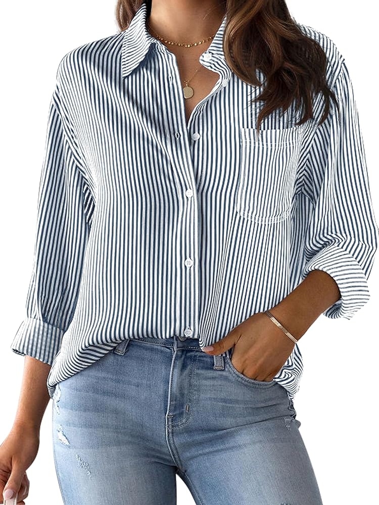 CUNLIN Wrinkle Free Women's Button Down Shirts Striped Long Sleeve Collared Blouses Tops with Pocket