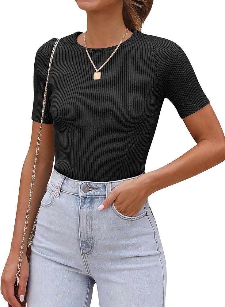 ANRABESS Women's Short Sleeve Crewneck T Shirt 2024 Summer Ribbed Knit Sweater Shirts Slim Fit Basic Solid Casual Tee Tops