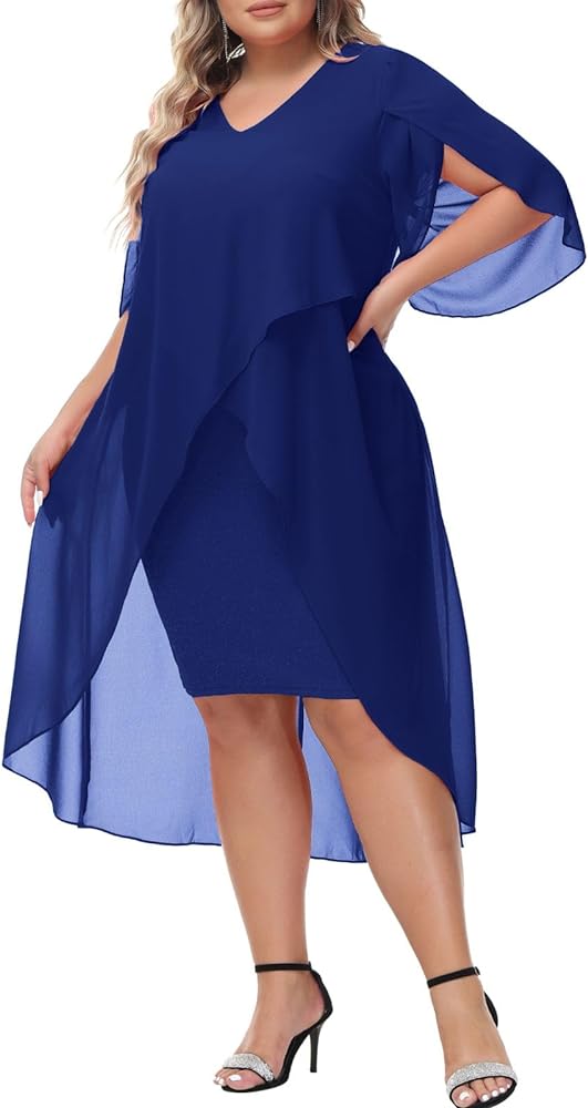 Hanna Nikole Womens Plus Size Chiffon Cocktail Dress Ruffle 3/4 Sleeve Wedding Guest Party Dresses with High Low Hem