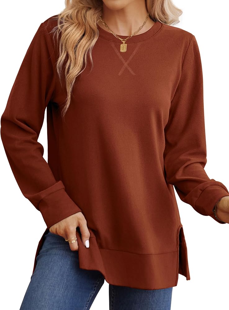 Saloogoe Sweatshirt for women Side Split Fall Fashion 2023 Long Sleeve Shirts Trending Now