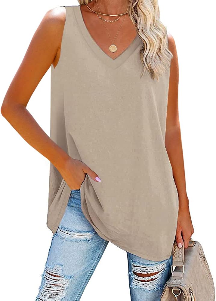 Fisoew Women V Neck Tank Tops Summer Loose Casual Basic Solid Color Sleeveless Shirts Tunic Tops