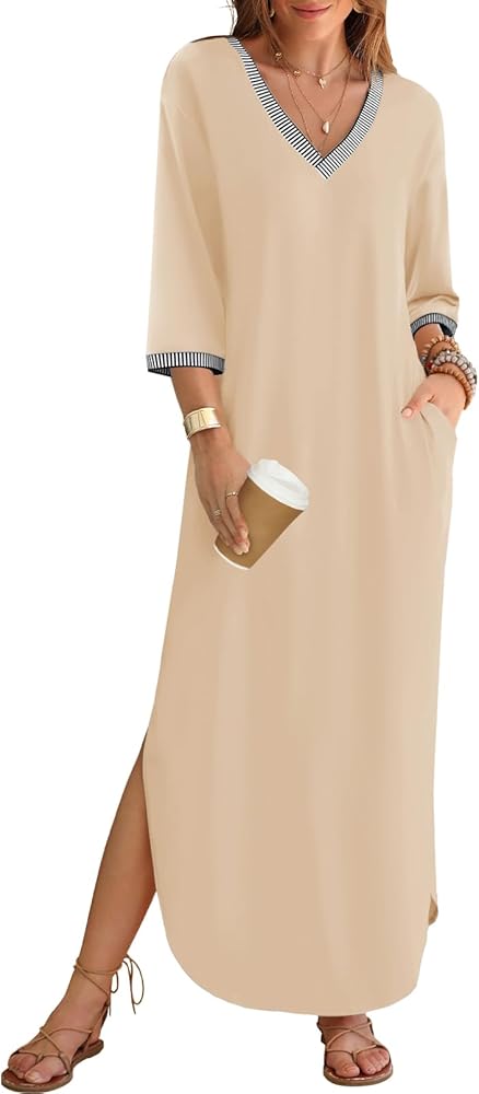 ZESICA Womens Dresses 2024 Causal 3/4 Sleeve V Neck Loose Fit Split Beach Long Maxi Dress with Pockets