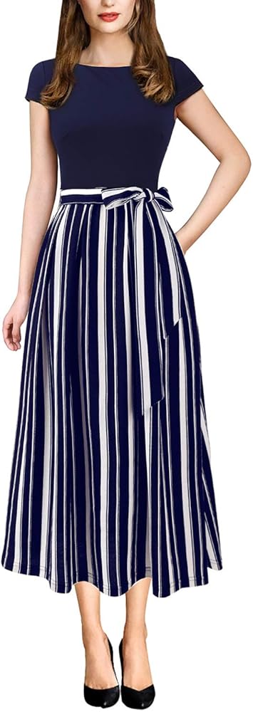 VFSHOW Womens Elegant Patchwork Pockets Belted Pleated Work Office Business Casual Party A-Line Midi Dress