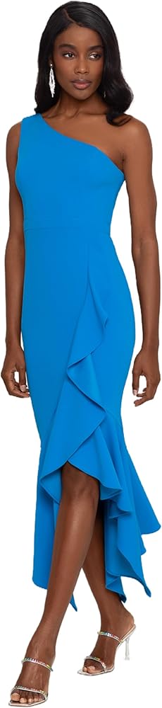 Xscape Women's One Shoulder Ruffle Scuba Crepe Midi Dress