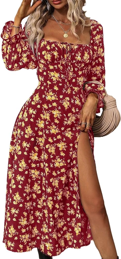 BLENCOT Women's Floral Print Puff Long Sleeve Maxi Dress Sexy Square Neck Tie Front Ruffle Hem Split A-line Beach Dresses