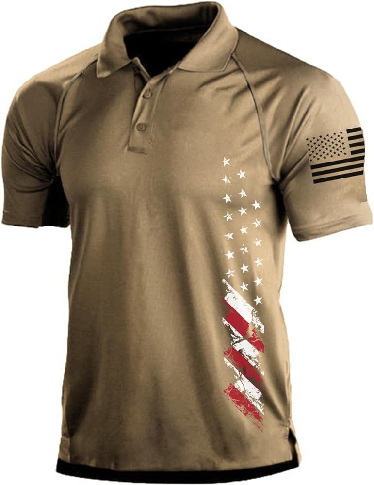 H HYFOL Short Sleeve Polo Shirts for Men Graphic Stretch Casual American Patriotic Raglan Golf Polos for Men