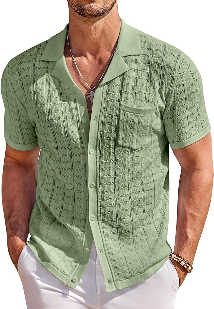 COOFANDY Men's Knit Button Down Shirt Short Sleeve Vintage Polo Shirts Summer Casual Beach Tops