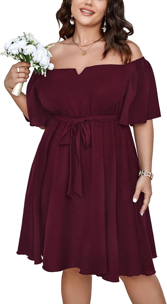 Womens Plus Size Cocktail Dress Summer Off Shoulder Short Sleeve Flowy Ruffle A-Line Cute Mini Dress with Belt