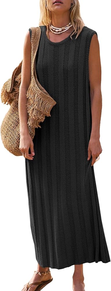 Fisoew Women's Summer Sleeveless Maxi Dress Scoop Neck Ribbed Knit Tank Top Dresses