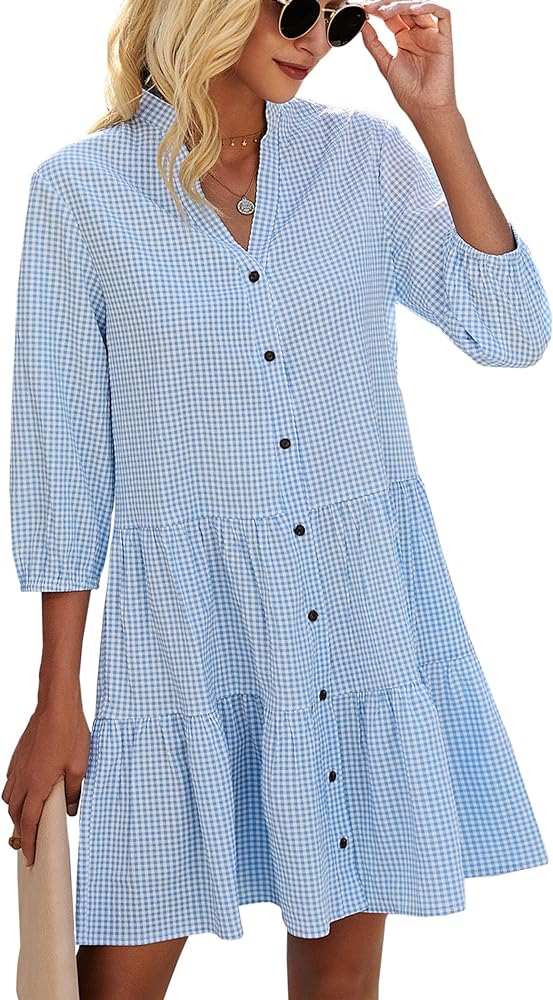 Plaid Shirt Dresses for Women Ruffle Hem Short Sleeve Button V Neck Midi/Mini Checkered Dress Blue Gingham Dresses