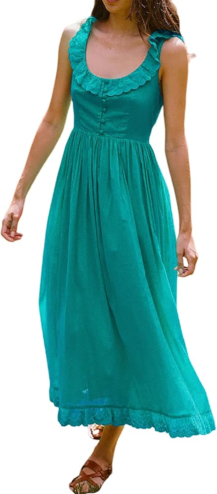 R.Vivimos Womens Summer Cotton Sleeveless Midi Dresses Vintage Lace Trim Button Up Tie Waist Casual A-Line Flowy Long Dresses