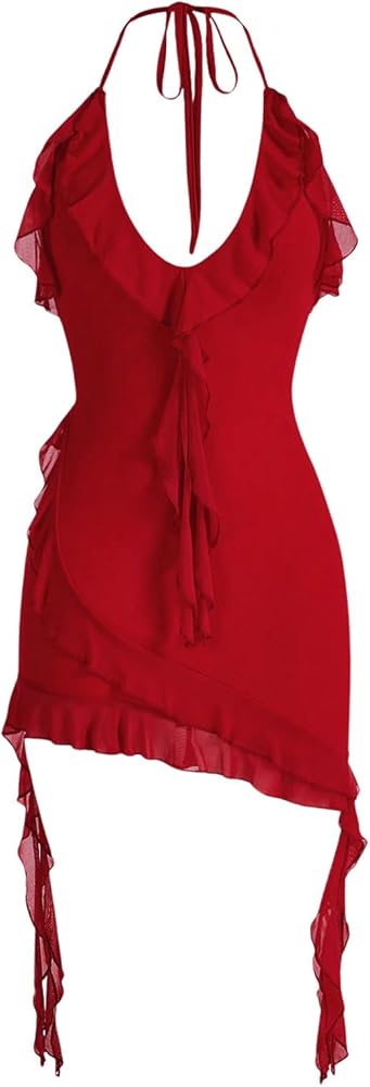 SOLY HUX Women's Ruffle Trim Mesh Halter Bodycon Cami Dress Tie Backless Mini Dresses