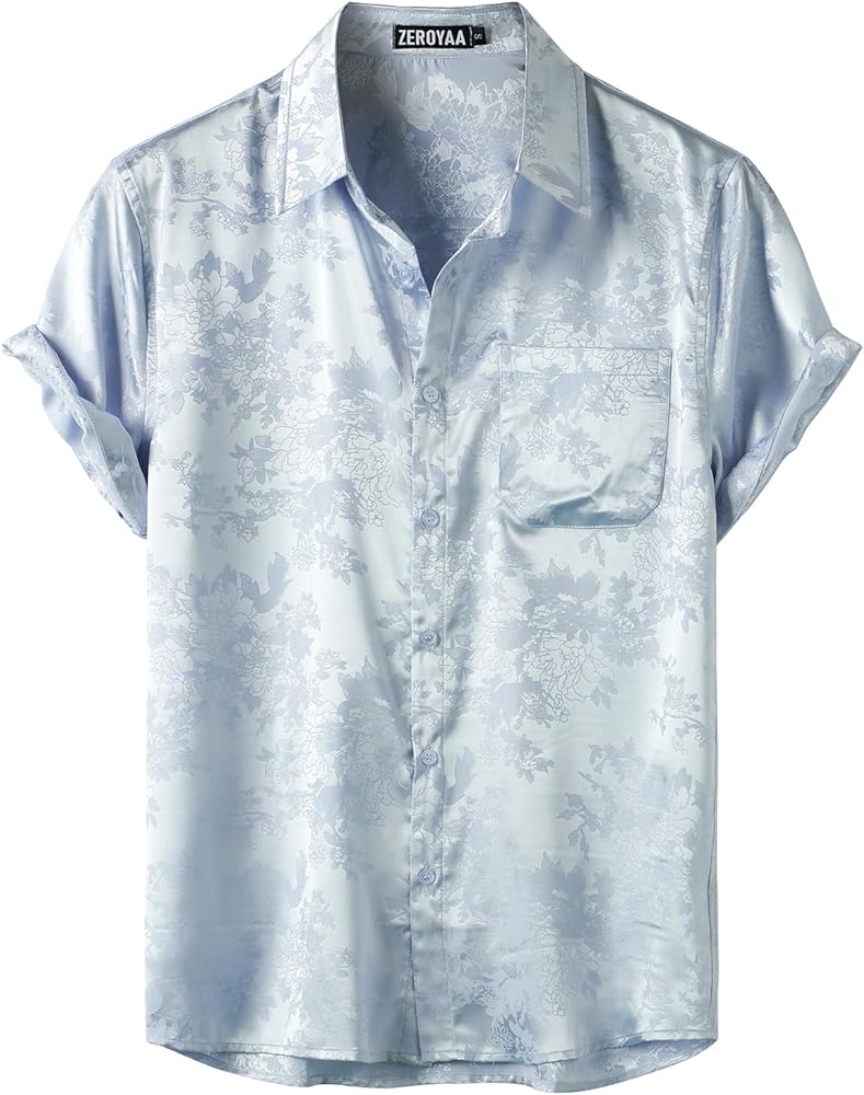 ZEROYAA Men's Shiny Luxury Silk Satin Floral Jacquard Short Sleeve Button Down Shirt for Party Prom