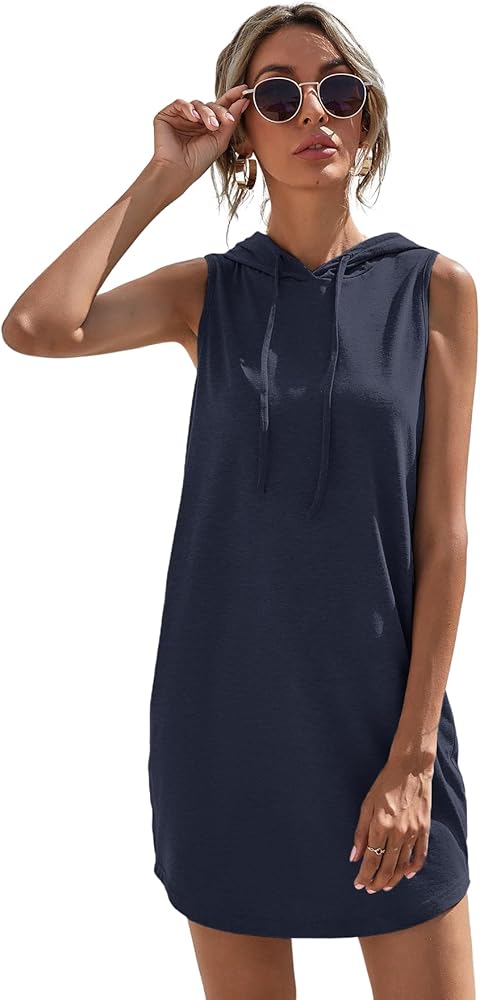 Floerns Women's Drawstring Solid Sweatshirt Dress Casual Short Sleeveless Hoodie Mini Dress Navy Blue XXL