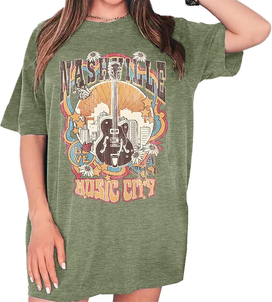 GEMLON Womens Nashville Music City T-Shirt Vintage Country Concert Tee Graphic Oversized Tshirt Summer Short Sleeve Tops