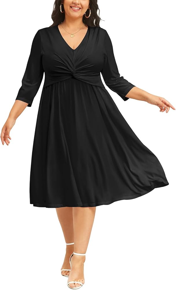 Plus size Dress for Women Twist Knot V Neck 3/4 Sleeves A Line Wedding Guest Midi Dresses