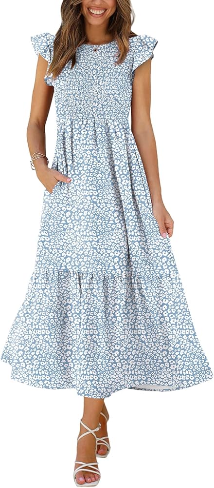 OFEEFAN Casual Dress Baby Shower Dress Flutter Sleeve Dress for Women Light Blue Dress S