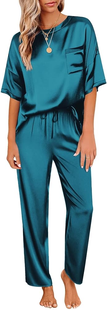 Ekouaer Womens Satin Silky Pajama Set Short Sleeve Shirt with Long Pajama Pant Set Soft PJ Loungewear