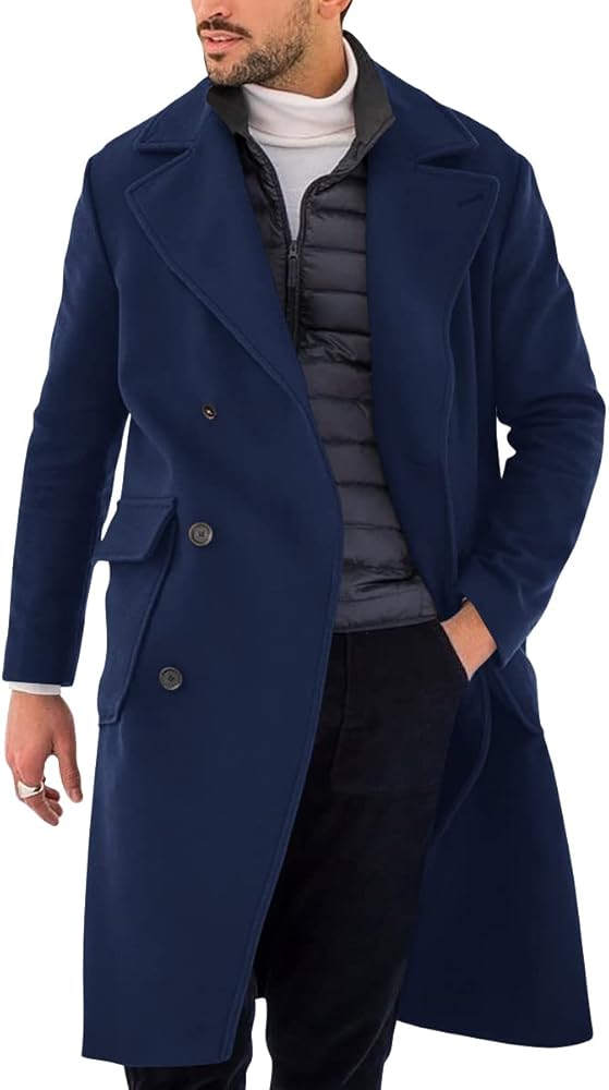 Pretifeel Mens Trench Coat Slim Fit Double Breasted Long Overcoat Classic Fall Winter Topcoat