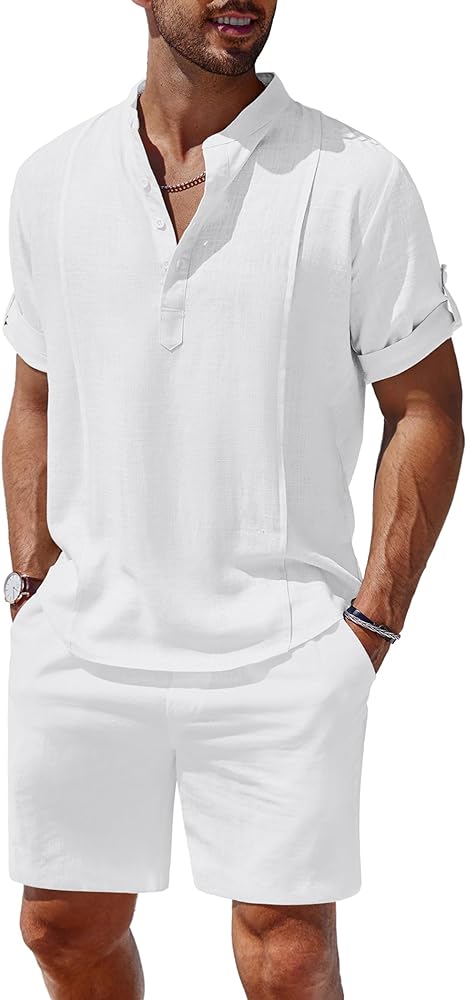 COOFANDY Men's 2 Pieces Linen Set Henley Shirt Short Sleeve and Shorts Summer Beach Yoga Matching Outfits