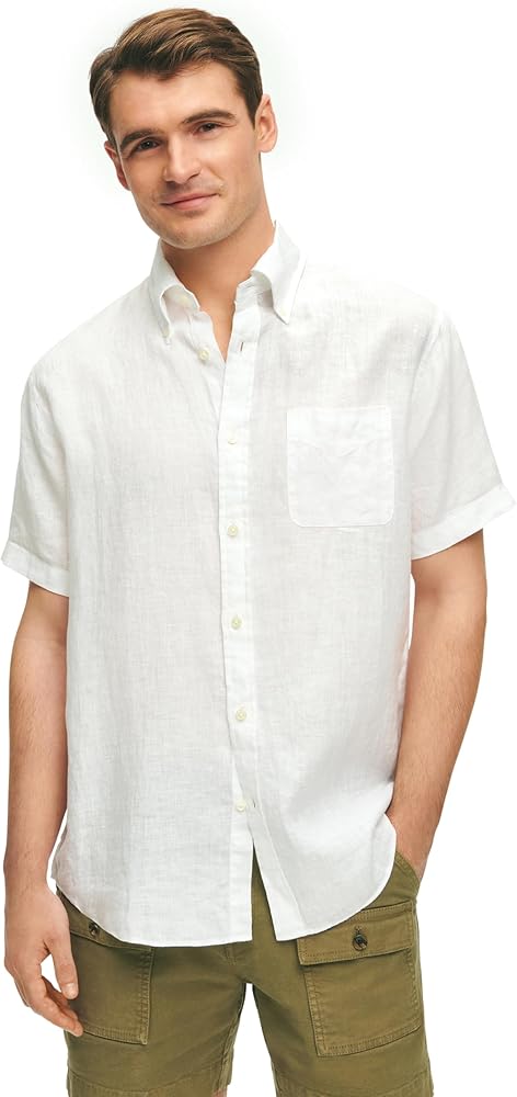 Brooks Brothers Men's Button Down Linen Madras Short Sleeve Sport Shirt