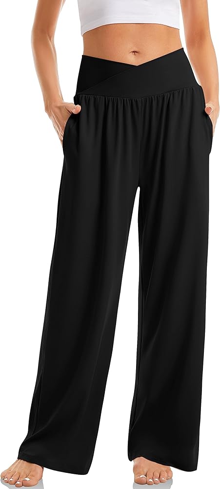 TARSE Women's Wide Leg Casual Loose Pants Yoga Sweatpants Comfy Crossover High Waisted Lounge Pajama Flowy Pants with Pockets