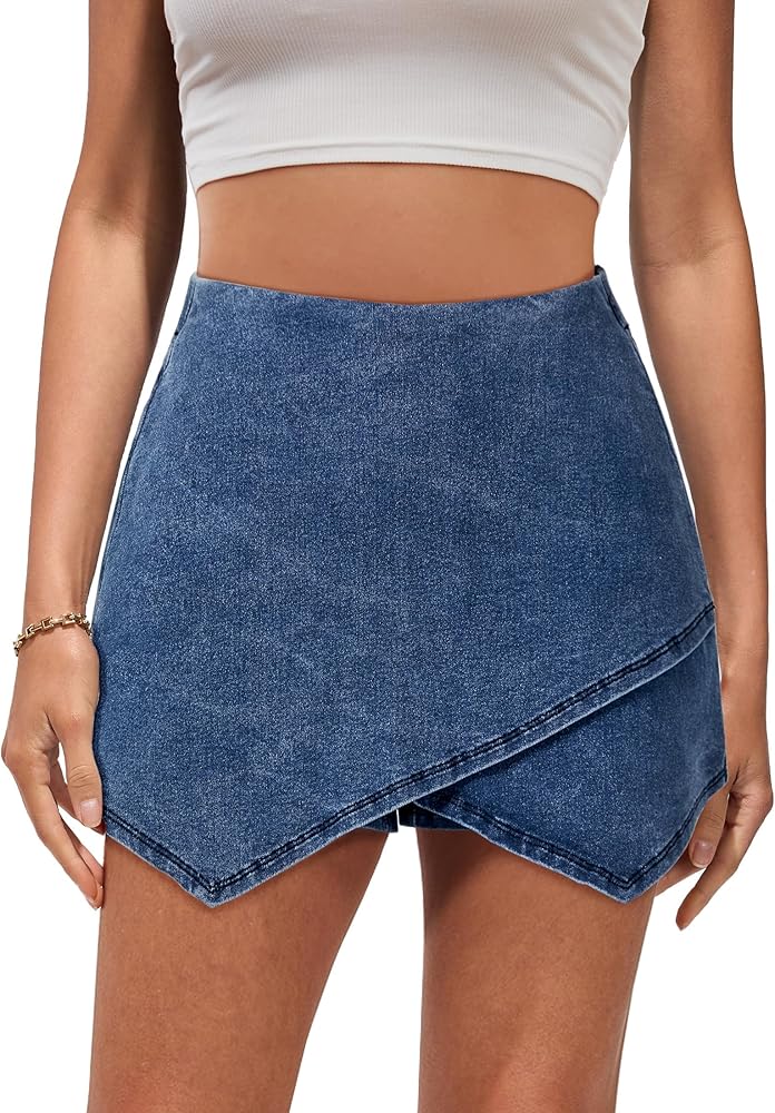 luvamia Jean Skorts for Woman High Waisted Pull On Stretchy Denim Wrap Skirt with Shorts Trendy Asymmetrical Skort