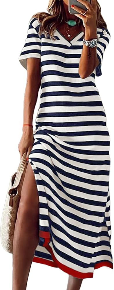 Dokotoo Summer Dress Casual Womens Fashion Short Sleeve Maxi Dress T Shirt Dress Striped Long Color Block Maxi Dress