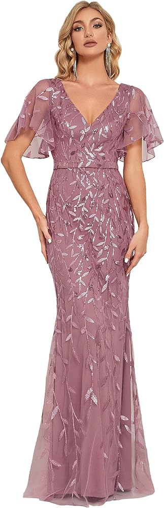 Ever-Pretty Women's Summer Dresses Ruffles Sleeves Sequin Embroidery Evening Mother of The Bride Dress 00692