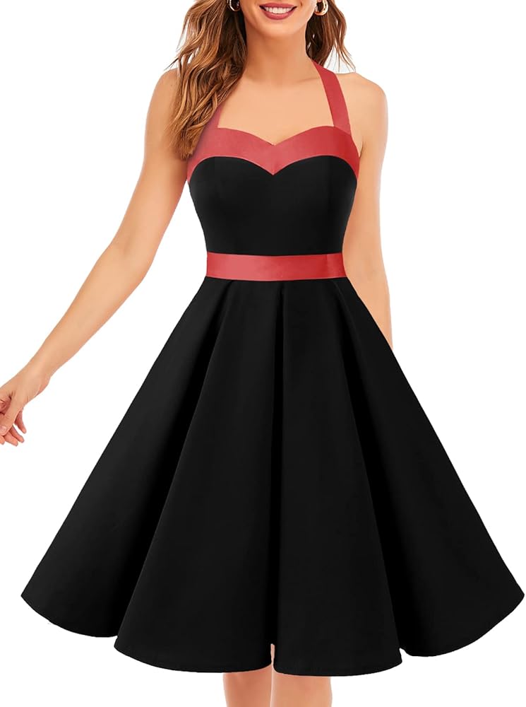 DRESSTELLS Women Vintage 1950s Cocktail Prom Dress Retro Halter Wedding Party Pinup Swing Dress