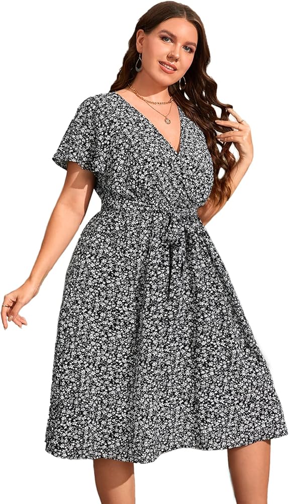 Floerns Women's Plus Size Polka Dots Wrap V Neck Short Sleeve A Line Midi Dress Black Floral 2 4XL