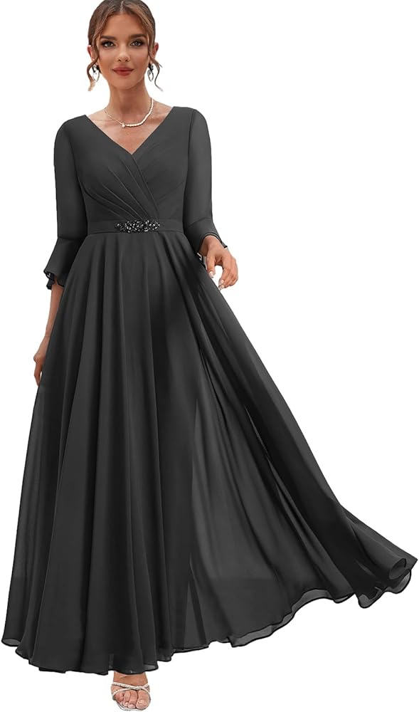 Tea Length Mother of The Bride Dresses for Wedding Chiffon Formal Dress with Sleeves V Neck Evening Gown