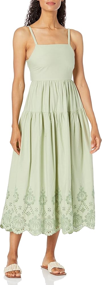 MOON RIVER Women's Sleeveless Back Tie Shirred Tiered Eyelet Midi Dress