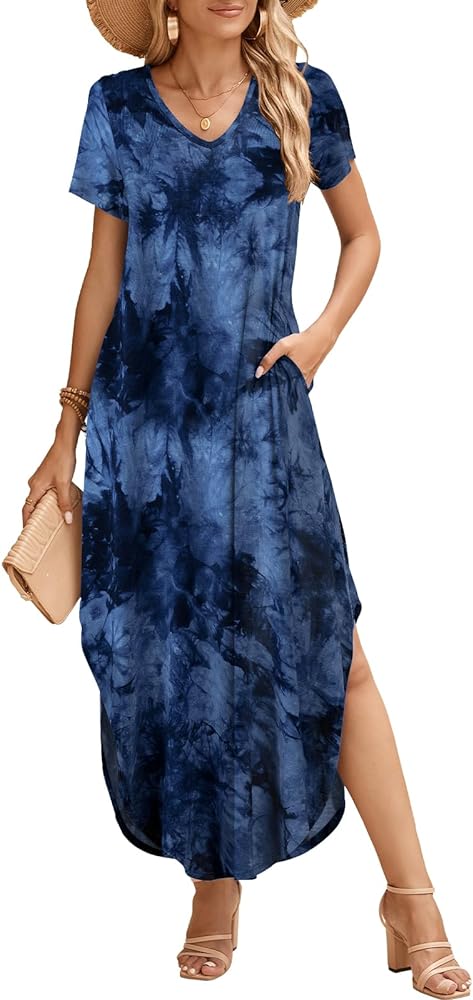 JollieLovin Womens Plus Size Casual Summer Maxi Long Dress Short Sleeve V Neck T-Shirt Loose Sun Dress