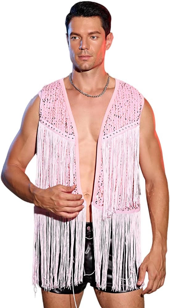 WDIRARA Men's Contrast Sequins Fringe Trim Sleeveless Open Front Party Club Jacket