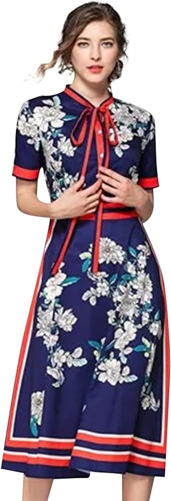 LAI MENG FIVE CATS Women's Tie Neck Floral Print Button up Midi Dress Casual A-line Shirt Dress