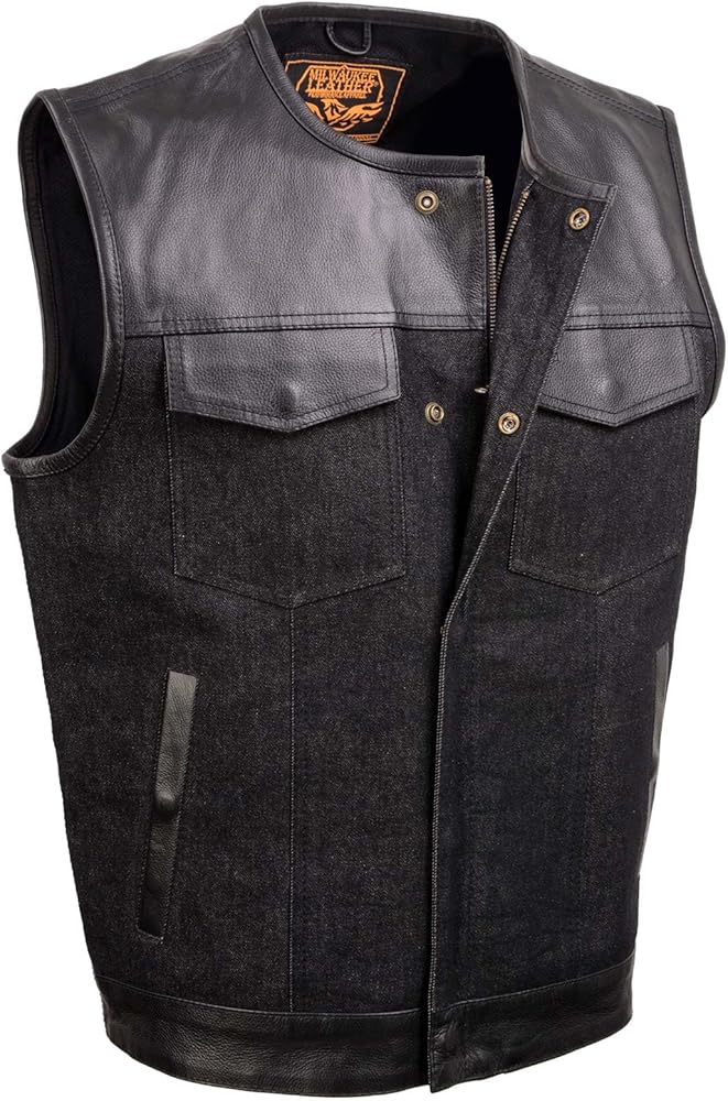 Milwaukee Leather MDM3003 Men's 'Brute' Concealed Snap Black Denim and Black Leather Club Style Vest w/Hidden Zipper