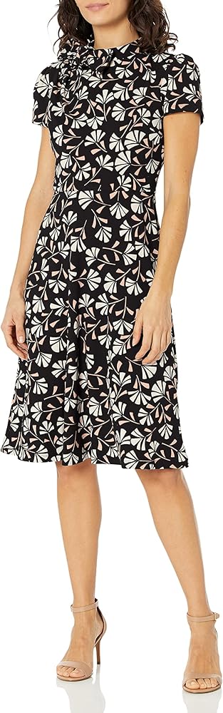 London Times Women's Petite Polished Crepe Tie Neck A-line Dress