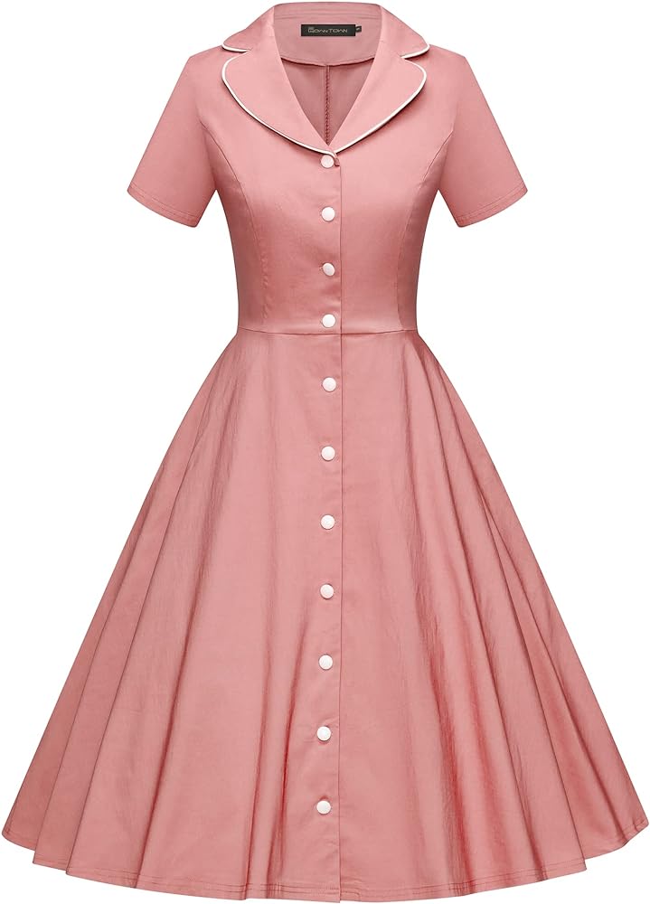 GownTown Women's 1950s Vintage Short Sleeves Notch Lapel Swing Dress