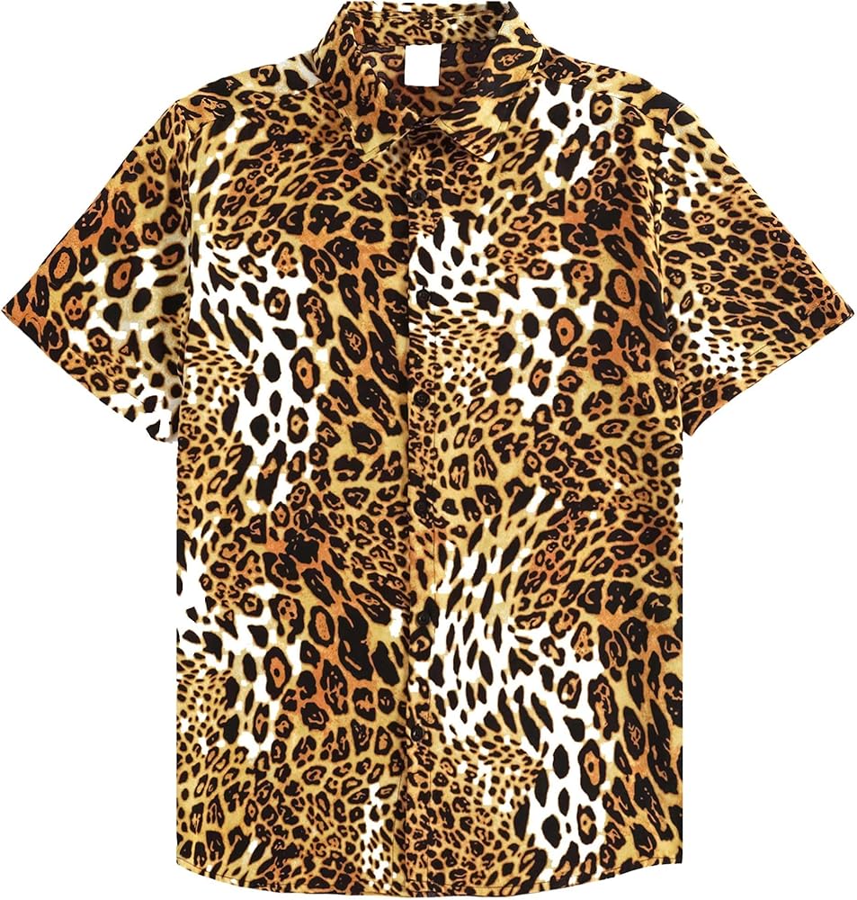 Men's Leopard Print Shirt Summer Short Sleeve Cheetah Animal Print Hawaiian Button-Down Shirts