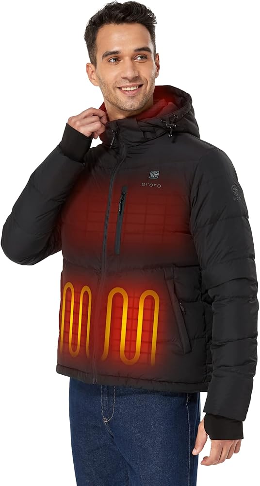 ORORO Men's Heated Down Jacket with Battery, Lightweight Down Heated Coat Warming Jacket for Men Heated