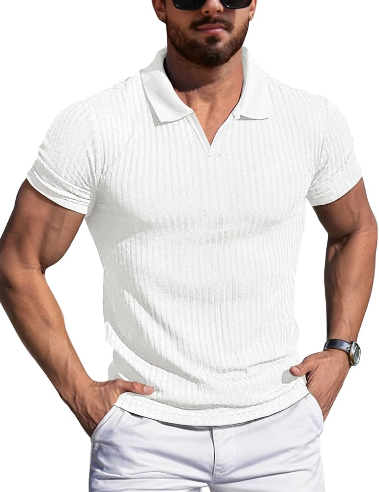 YTD Men's Muscle V Neck Polo Shirts Slim Fit Solid Short Sleeve Golf T-Shirts Ribbed Knit Soft Tees