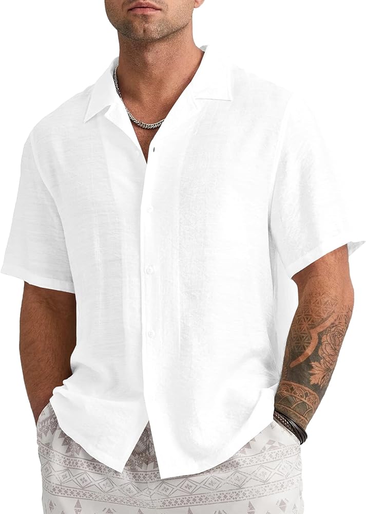 Mens Linen Button Down Shirts Short Sleeve Basic Cuban Regular Fit Wedding Summer Beach Tops