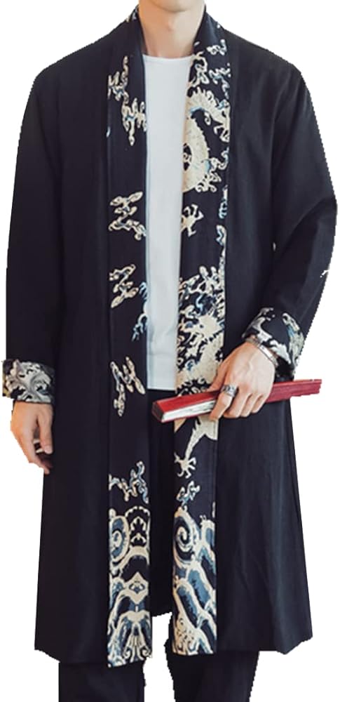 HZCX FASHION Mens Long Kimono Cardigan Open Front Print Cotton Linen Trench Coat