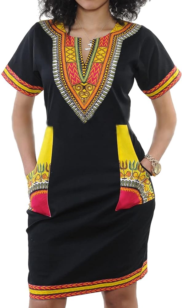 Women's Bodycon Dashiki African Midi Dresses Bohemian Vintage Club Dress with Pocket